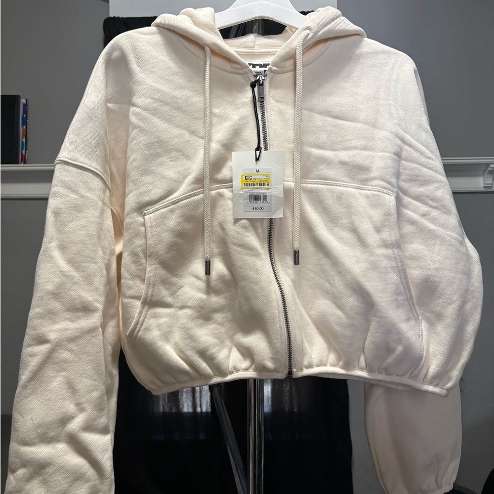 Cream Cropped Hoodie with Drawstrings